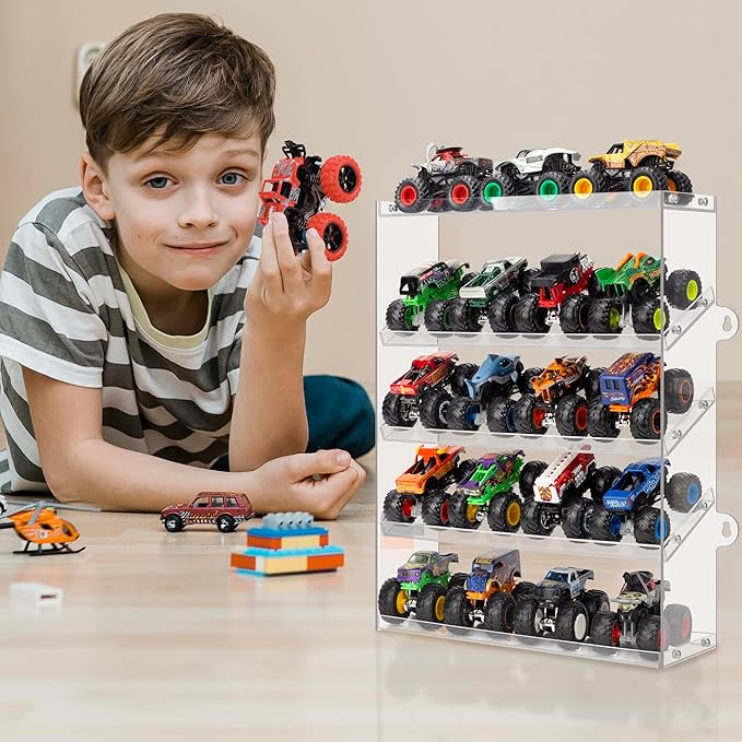 Assembly Monster Trucks Display Case Holding for 20 Monster Trucks Acrylic Storage Case 5 Tiers Monster Trucks Organizer with Tilted Design, Display Case for Toy Trucks (Transparent)