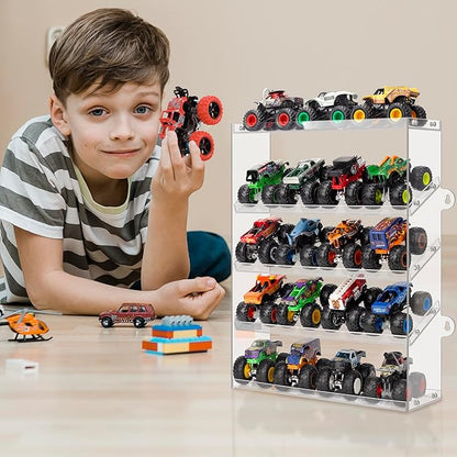 Assembly Monster Trucks Display Case Holding for 20 Monster Trucks Acrylic Storage Case 5 Tiers Monster Trucks Organizer with Tilted Design, Display Case for Toy Trucks (Transparent)