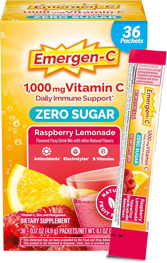 Emergen-C Zero Sugar 1000 mg Vitamin C Powder for Daily Immune Support Caffeine Free Vitamin C Supplements with Zinc and Manganese, B Vitamins and Electrolytes, Raspberry Lemonade Flavor - 36 Count