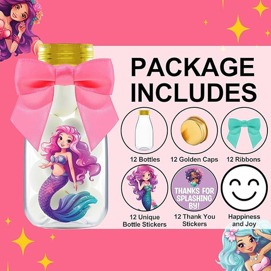 Small 12 Pack Mermaid Party Favors - DIY Candy Jars with Ribbons and Stickers - Party Decoration Bottles for Birthday, School Classroom, and Baby Shower - Mermaid Table Centerpiece for Girls