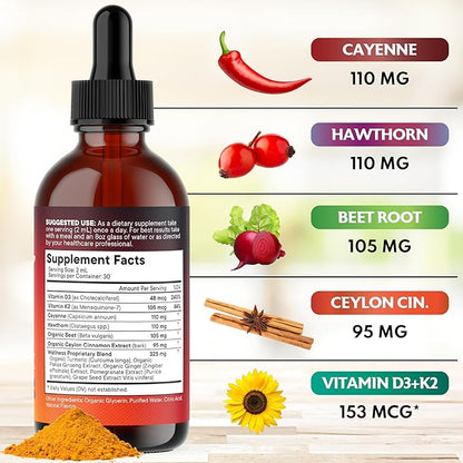 Cayenne Pepper Supplement Liquid Drops + Hawthorn Berry, Vitamin D3 K2 Beet Root Powder, Ceylon Cinnamon, Turmeric Curcumin, Organic Panax Ginseng - 6oz