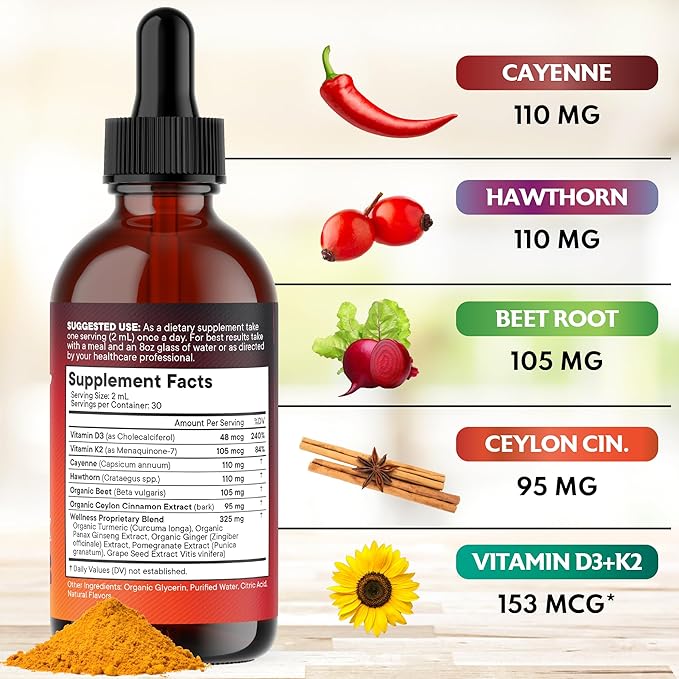 Cayenne Pepper Supplement Liquid Drops + Hawthorn Berry, Vitamin D3 K2 Beet Root Powder, Ceylon Cinnamon, Turmeric Curcumin, Organic Panax Ginseng - 6oz