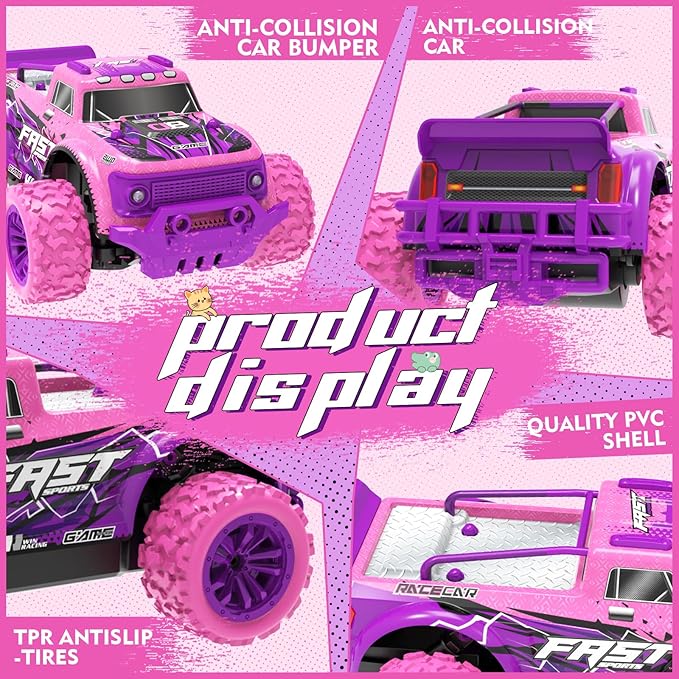 Remote Control Car for Girls: 1:20 Scale Pink Purple Rc Truck with LED Light and DIY Windmills - 20Km/h All Terrain Fast RC Cars, 2.4GHz Monster Truck Toys for Kids Gift