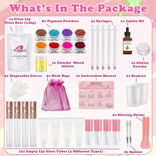 BRIPATI DIY Lip Gloss Making Kit, 46PCS DIY Lip Gloss Kit to Make Your Own Lip Gloss, Moisturizing Lip Glaze Handmade Set, Beginner Lip Gloss Kit, Lip Gloss Making Supplies Set for Women Girls