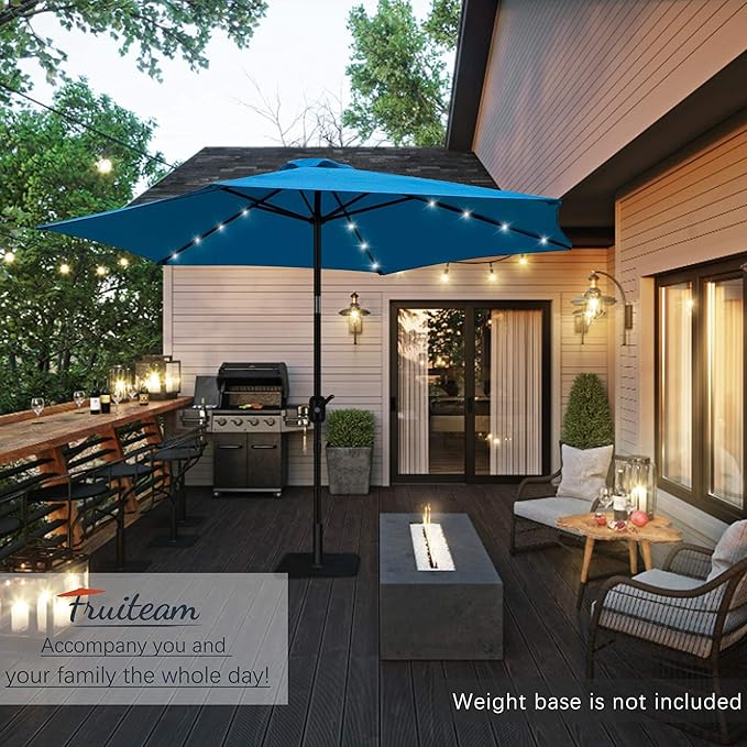 FRUITEAM 7 1/2 ft Solar LED Umbrella Solar Powered Umbrella Polyester LED Lighted Patio Umbrella w/Tilt Adjustment and Fade-Resistant Fabric - Sky Blue