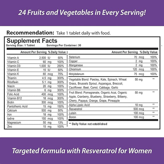 for Women, All Natural, Multivitamin, Multimineral, and Antioxidant with 24 Fruits and Vegetables as Well as Biotin for Hair, Skin, and Nails. 1 Month Supply.