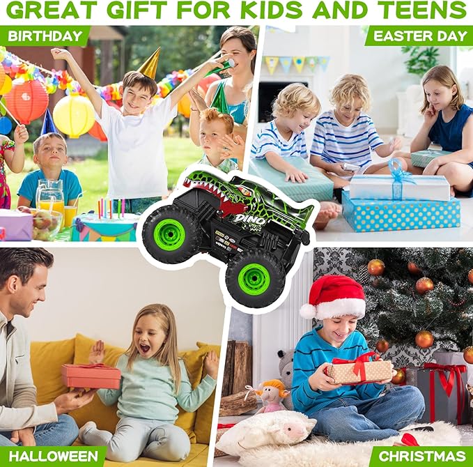 DYODYORC Remote Control Car, 2.4Ghz All Terrain Dinosaur Monster Truck Toys, RC Truck with Music, 3 Lighting Effects, 360 Stunt Capable, All included Ready to Run, Toy Gifts for Boys and Girls (Green)