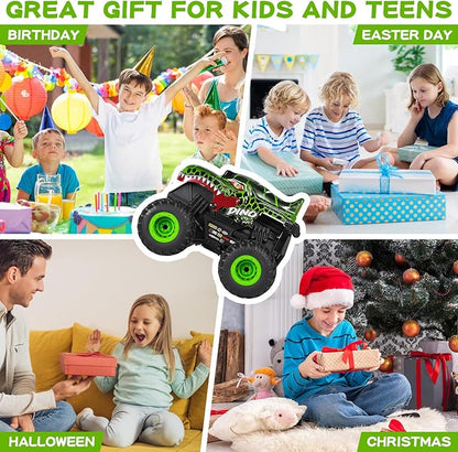 DYODYORC Remote Control Car, 2.4Ghz All Terrain Dinosaur Monster Truck Toys, RC Truck with Music, 3 Lighting Effects, 360 Stunt Capable, All included Ready to Run, Toy Gifts for Boys and Girls (Green)