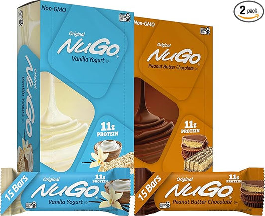 NuGo Original Variety, Vanilla Yogurt 15 bars & Peanut Butter 15 bars, 11g Protein, Gluten Free, 30 Count
