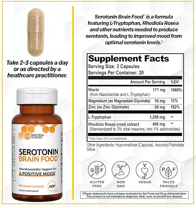 NATURAL STACKS Serotonin Brain Food - L-Tryptophan & Rhodiola Rosea - Mood Support Supplement - Promotes Positive Mood, Calmness, Stress Relief - Brain Support Supplement - 120 Capsules
