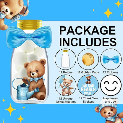 Small 12 Pack We Can Bearly Wait Party Favors for Boy - Candy Jars with Bowties and Stickers - DIY Party Decoration Bottles for Baby Shower and Gender Reveal - Blue Teddy Bear Table Centerpiece