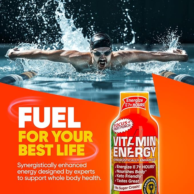 Vitamin Energy Focus+ Extra Strength Daily Energy Shot – Fruit Punch – 260mg Natural Caffeine, 100% DV B-Vitamins – Focus & Productivity Support – Zero Sugar, Vegan, Kosher – 1.93 fl oz, 48-Pack