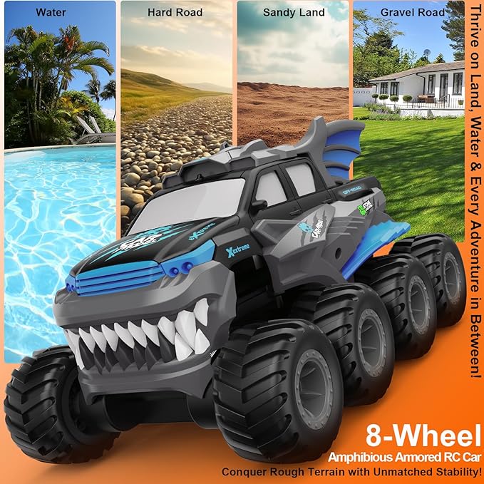 Amphibious Remote Control Car 8WD RC Monster Truck with 2 Rechargeable Batteries for Boys Age 8-12 Offroad Waterproof RC Pickup All Terrain RC Drift Cars Beach Pool Toys Gifts for Kids Blue