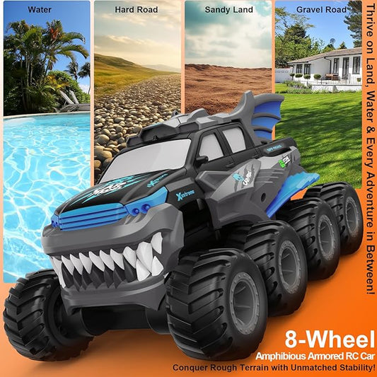Amphibious Remote Control Car 8WD RC Monster Truck with 2 Rechargeable Batteries for Boys Age 8-12 Offroad Waterproof RC Pickup All Terrain RC Drift Cars Beach Pool Toys Gifts for Kids Blue