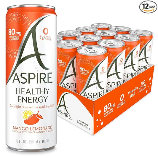 ASPIRE® Mango Lemonade, Healthy Energy Drink with Low Caffeine, No Sugar, Carbs, and Keto Friendly, 12 Pack