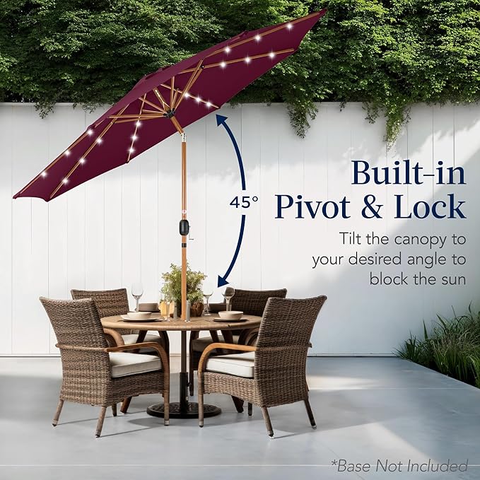 Best Choice Products 10ft Solar Market Patio Umbrella w/Woodgrain Pattern Pole, LED Lights, Tilt & Crank – Outdoor Sun Shade for Backyard Table, Deck, Poolside – Burgundy