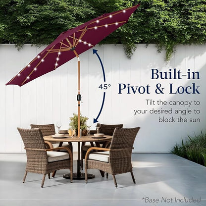 Best Choice Products 10ft Solar Market Patio Umbrella w/Woodgrain Pattern Pole, LED Lights, Tilt & Crank – Outdoor Sun Shade for Backyard Table, Deck, Poolside – Burgundy