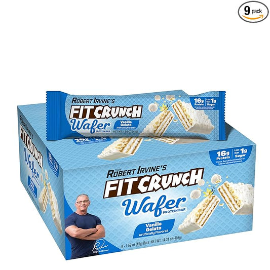 FITCRUNCH Wafer Protein Bars, 16g of Protein & 1g of Sugar (9 Bars, Vanilla Gelato)