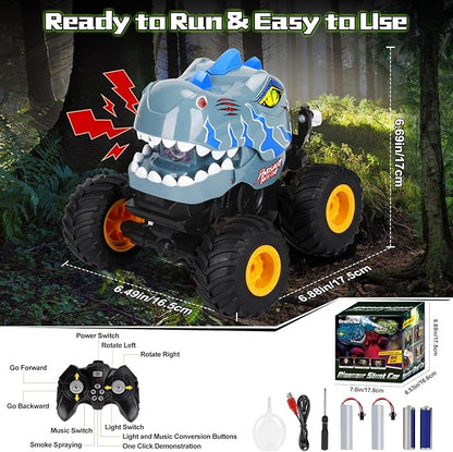 Remote Control Car for Boys 4-7 8-12, Dinosaur Monster Truck Toys with 50min+ Runtime, Spray, LED Light, 360° Rotating & 90° Driving, RC Stunt Car for Kids Birthday