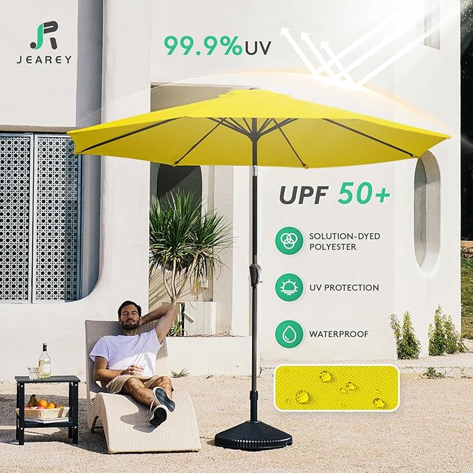 JEAREY 10FT Outdoor Patio Umbrella Outdoor Table Umbrella with Push Button Tilt and Crank, Market Umbrella 8 Sturdy Ribs UV Protection Waterproof for Pool, Garden (Yellow)