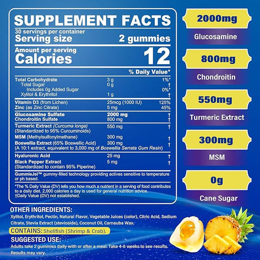 Sugar Free Glucosamine Filled Gummies 2000MG - Glucosamine Chondroitin MSM Supplement - Plus Turmeric, Boswellia, Hyaluronic Acid & Vitamin D3, Mobility, Comfort, Flexibility & Bone Support, 60Cts