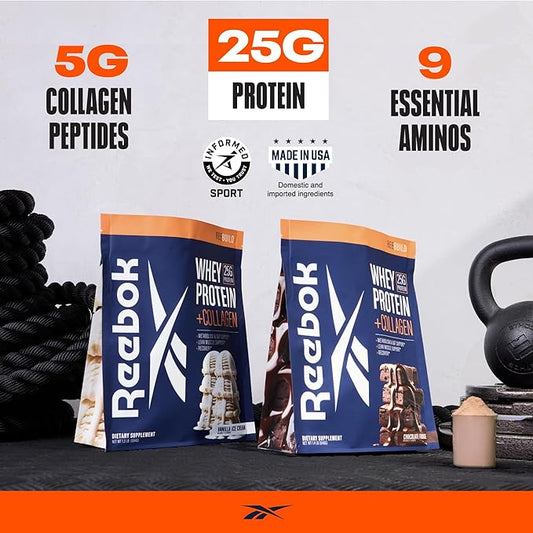 Reebok ReeBuild Whey Protein + Collagen | 25g Protein, 9 Essential Amino Acids | Muscle Growth, Joint Health, Gut Support | Post Workout Recovery Powder | Vanilla Ice Cream