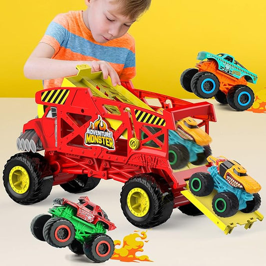 4-in-1 Mounster Truck Transport Carrier Playset, Red Mover Rhino Toy Cars Hauler Set for Children, Including 3 Diecast Monster Trucks, Ideal Gift for Kids 3+
