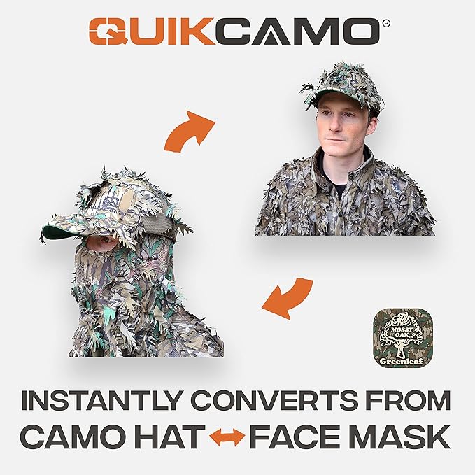 QuikCamo Lightweight 3D Leafy Camo Face Mask & Hat for Hunting, OSFM Adjustable Camouflage Hat, Mossy Oak & Realtree