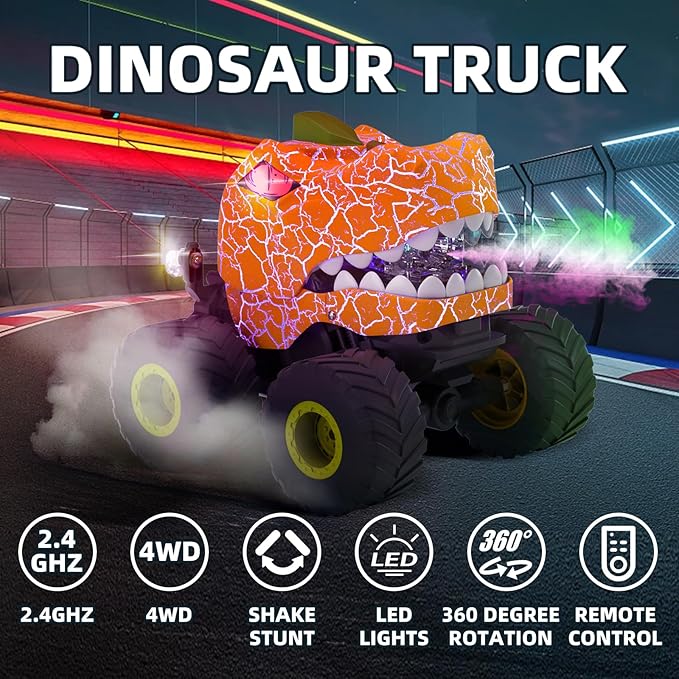 Dinosaur Remote Control Car,RC Monster Trucks for Boys 3-12 Year Old,360° Rotating RC Stunt Car Truck Toys with Spray,Light & Sound,All Terrain RC Cars Birthday Party Gift for Kids (Orange)