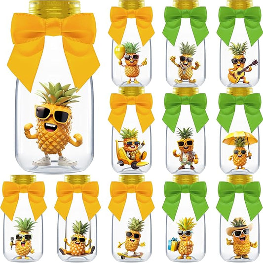 Small 12 Pack Pineapple Party Favors - DIY Candy Jars with Ribbons and Stickers - Pina Colada Party Decoration Bottles for Birthday, Hawaiian Luau, and Baby Shower - Gold Tropical Centerpieces