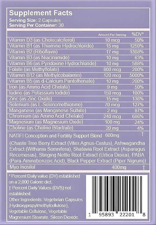 Conception Fertility Prenatal Vitamins Regulate Cycles, Balance Hormones, Aid Ovulation. Conception Multivitamin for Women. Healthier Pregnancy -60 Capsules- Folic Acid, Myo Inositol, Vitex.