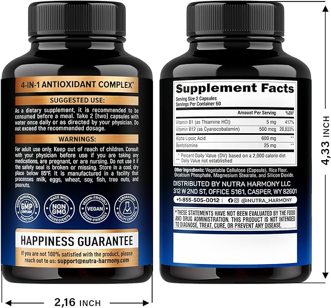 Alpha Lipoic Acid 600mg - ALA Supplement Antioxidant for Nerve, Energy & Metabolism Support - Extra Strength w/Benfotiamine, B1 & B12 - Lab Tested, NON-GMO & Vegan - 120 Capsules, 2 Month