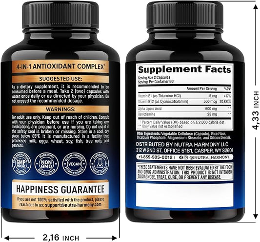 Alpha Lipoic Acid 600mg - ALA Supplement Antioxidant for Nerve, Energy & Metabolism Support - Extra Strength w/Benfotiamine, B1 & B12 - Lab Tested, NON-GMO & Vegan - 120 Capsules, 2 Month