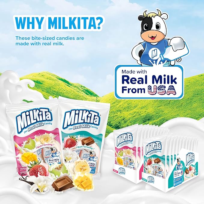 Milkita Creamy Shake Candy Pack of 4, Gluten Free Chewy Candies with Calcium & Real Milk, Zero Trans Fat, Low-Sugar, Assorted Neapolitan Flavors (Vanilla, Strawberry, Chocolate) & Tropical Flavors (Banana, Honeydew, Mango), 120 Pcs