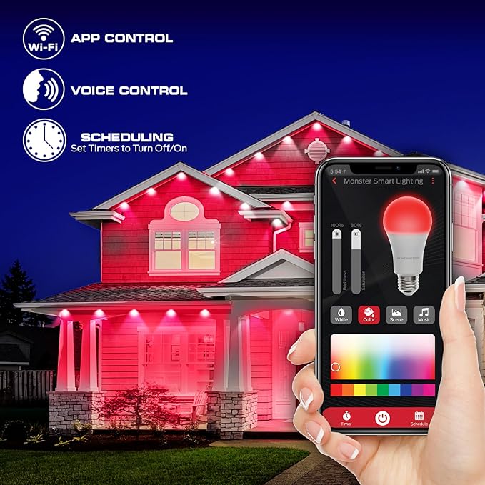 Monster Smart Permanent Outdoor Lights, 150ft, 108 LED Eaves Lights, RGB+IC+WW, Weather & Water Resistant, App & Voice Control, Compatible with Alexa & Google, Halloween, Christmas, Year-Round