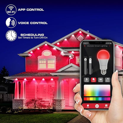 Monster Smart Permanent Outdoor Lights, 150ft, 108 LED Eaves Lights, RGB+IC+WW, Weather & Water Resistant, App & Voice Control, Compatible with Alexa & Google, Halloween, Christmas, Year-Round