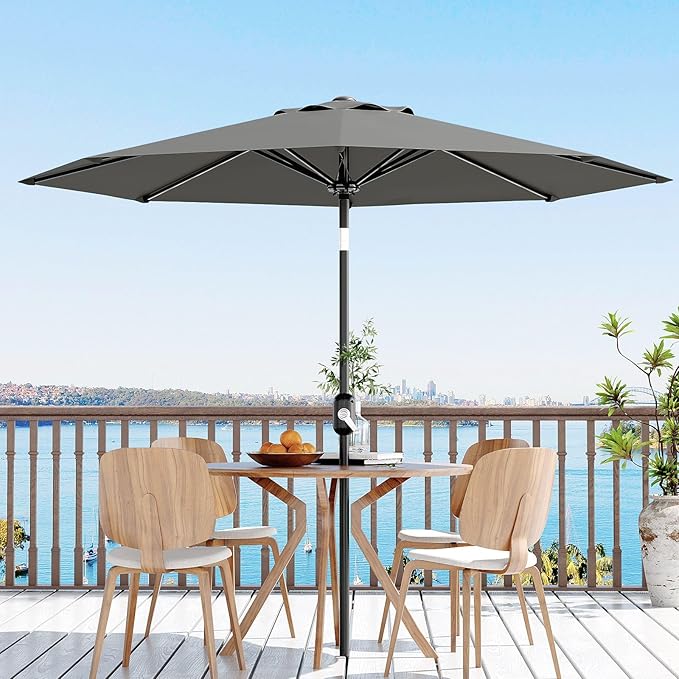 9Ft Patio Umbrella - 8 Sturdy Ribs Outdoor Table Umbrella with Crank Lift & Push Button Tilt - Market Umbrella for Pool, Deck, Yard, Garden - Gray