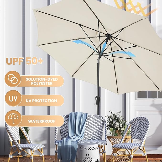 Ayge 9FT Large Outdoor Patio Umbrella Market Table Umbrella-UV Resistant, Easy Push Button Tilt and Crank, 8 Sturdy Fiberglass Ribs Heavy-Duty Pool Umbrella for Deck, Backyard,Garden
