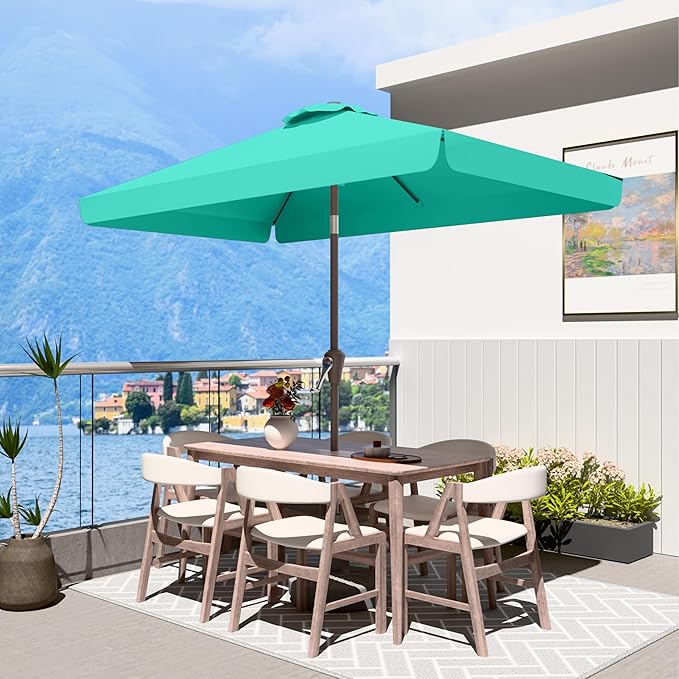 6.5 * 10FT Rectangular Patio Umbrella Table Market Umbrella w/Tilt and Crank Outdoor Umbrellas for Garden, Deck, Backyard, Pool and Beach, Cerulean