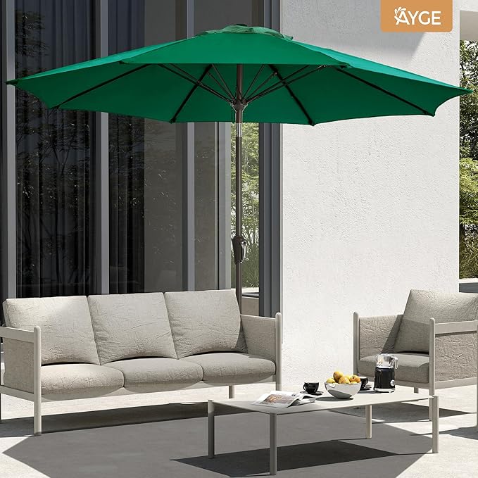 Ayge 9FT Large Outdoor Patio Umbrella Market Table Umbrella-UV Resistant, Easy Push Button Tilt and Crank, 8 Sturdy Fiberglass Ribs Heavy-Duty Pool Umbrella for Deck, Backyard,Garden