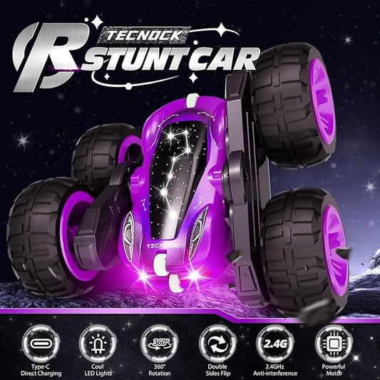 Tecnock Remote Control Car for Kids, 2.4GHz RC Car with USB-C Easy Charging, 4WD Double Sided 360° Rotates and Flips RC Stunt Car, Toys Gift for Boys and Girls
