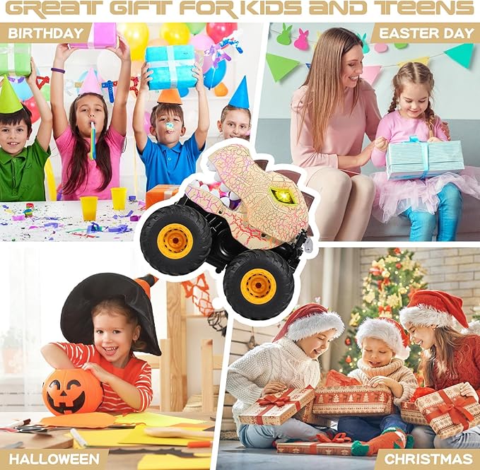 DYODYORC Remote Control Car, 2.4Ghz All Terrain Dinosaur Monster Truck Toys, RC Truck with Spay, Music, 3 Lighting Effects, Stunt Capable, Toy Gifts for Boys and Girls (Yellow)