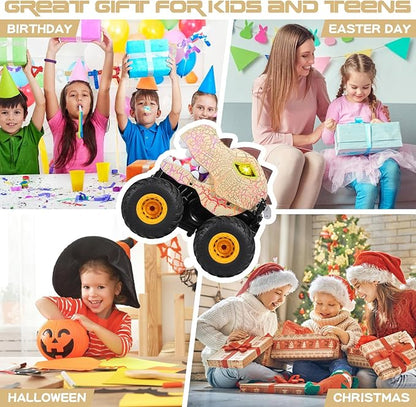 DYODYORC Remote Control Car, 2.4Ghz All Terrain Dinosaur Monster Truck Toys, RC Truck with Spay, Music, 3 Lighting Effects, Stunt Capable, Toy Gifts for Boys and Girls (Yellow)