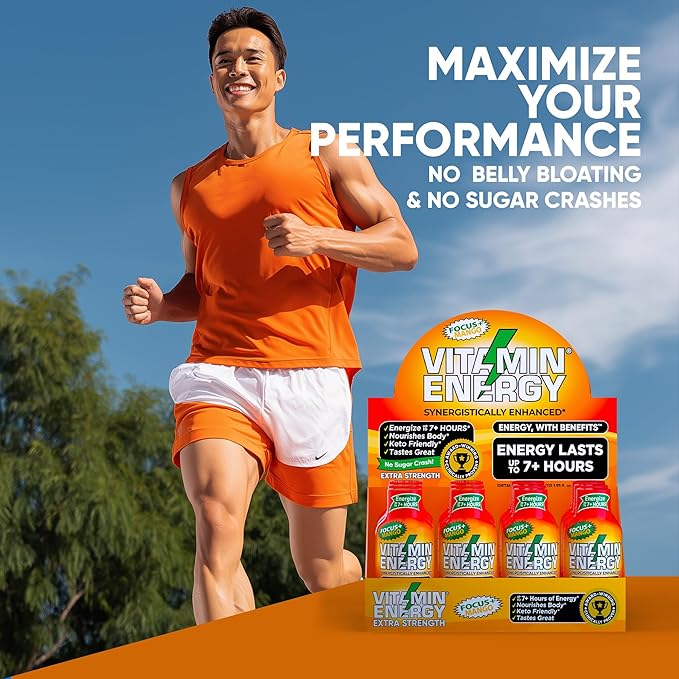 Vitamin Energy Focus+ Extra Strength Daily Energy Shot – Mango – 260mg Natural Caffeine, 100% DV B-Vitamins – Focus & Productivity Support – Zero Sugar, Vegan, Kosher – 1.93 fl oz, 48-Pack