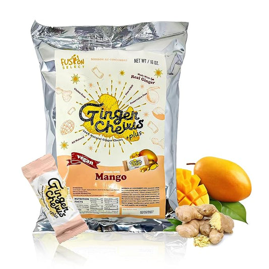 Fusion Select Ginger Chews - Sweet Soft Candied Delights From Indonesia - Promotes Relief From Morning Sickness, Upset Stomach - Made from Real Ginger Root, Non-GMO, Vegan Candy (1 Lb Mango)