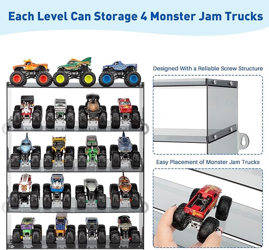 Assembly Monster Trucks Display Case Holding for 20 Monster Trucks Acrylic Storage Case 5 Tiers Monster Trucks Organizer with Tilted Design, Display Case for Toy Trucks (Gray)