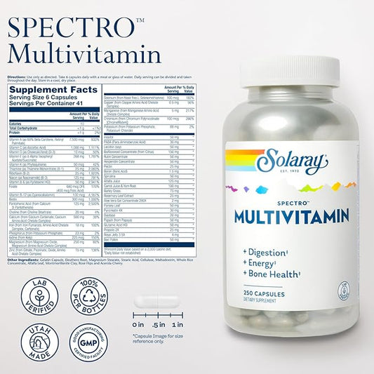 SOLARAY Spectro Multivitamin with Iron - Multi Vitamin with Calcium, Magnesium, Energizing Greens, Herbs & Digestive Enzymes - Digestion, Energy, and Bone Health Support (41 Serv, 250 CT)