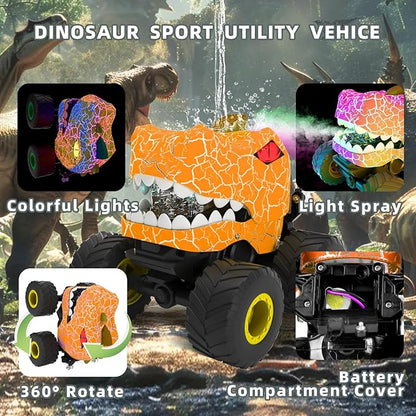 Dinosaur Remote Control Car,RC Monster Trucks for Boys 3-12 Year Old,360° Rotating RC Stunt Car Truck Toys with Spray,Light & Sound,All Terrain RC Cars Birthday Party Gift for Kids (Orange)
