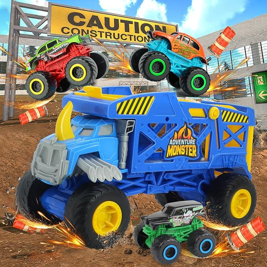 Monster Trucks Hauler Rhino with 3 Mini Trucks & Super Ramp Launch, Gift for Kids Ages 3+ Years