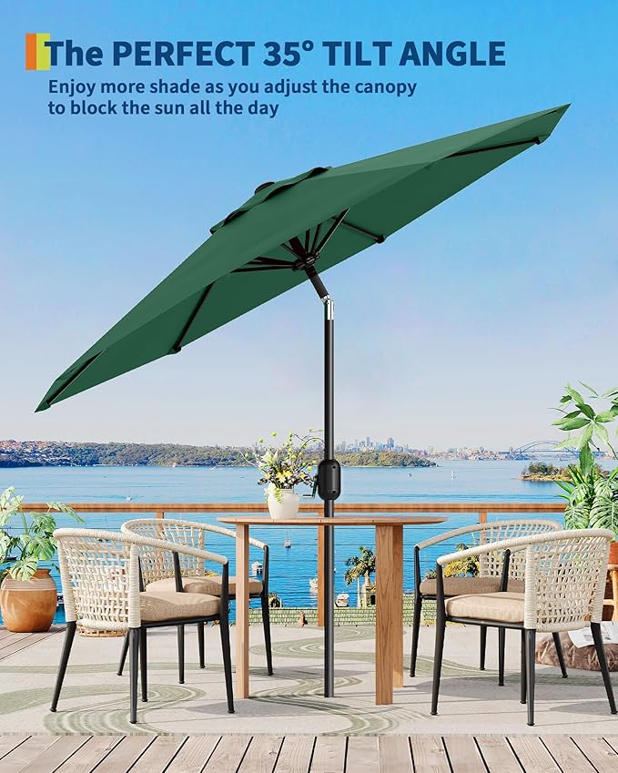 10FT Patio Umbrella Outdoor, Market Umbrella, Table Umbrella with Push Button Tilt and Crank, 8 Sturdy Ribs UV Protection Waterproof for Garden, Pool, Deck, Backyard (Dark Green)